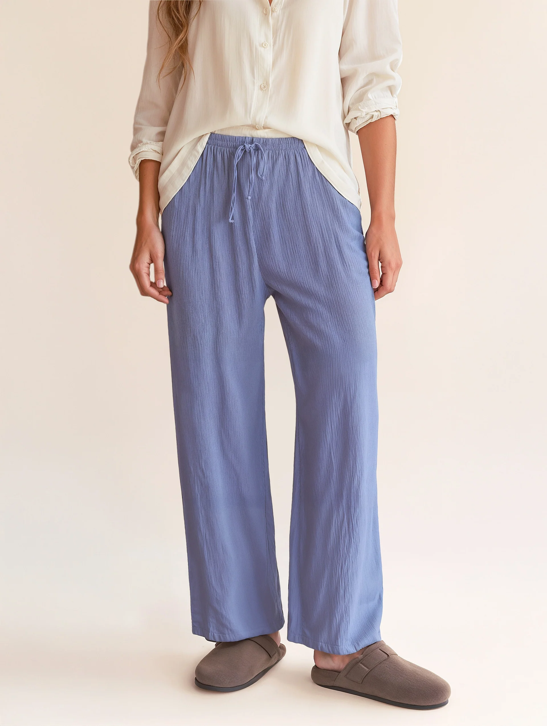 Women's Soft Crinkle Wide-Leg Lounge Pants in Periwinkle Blue