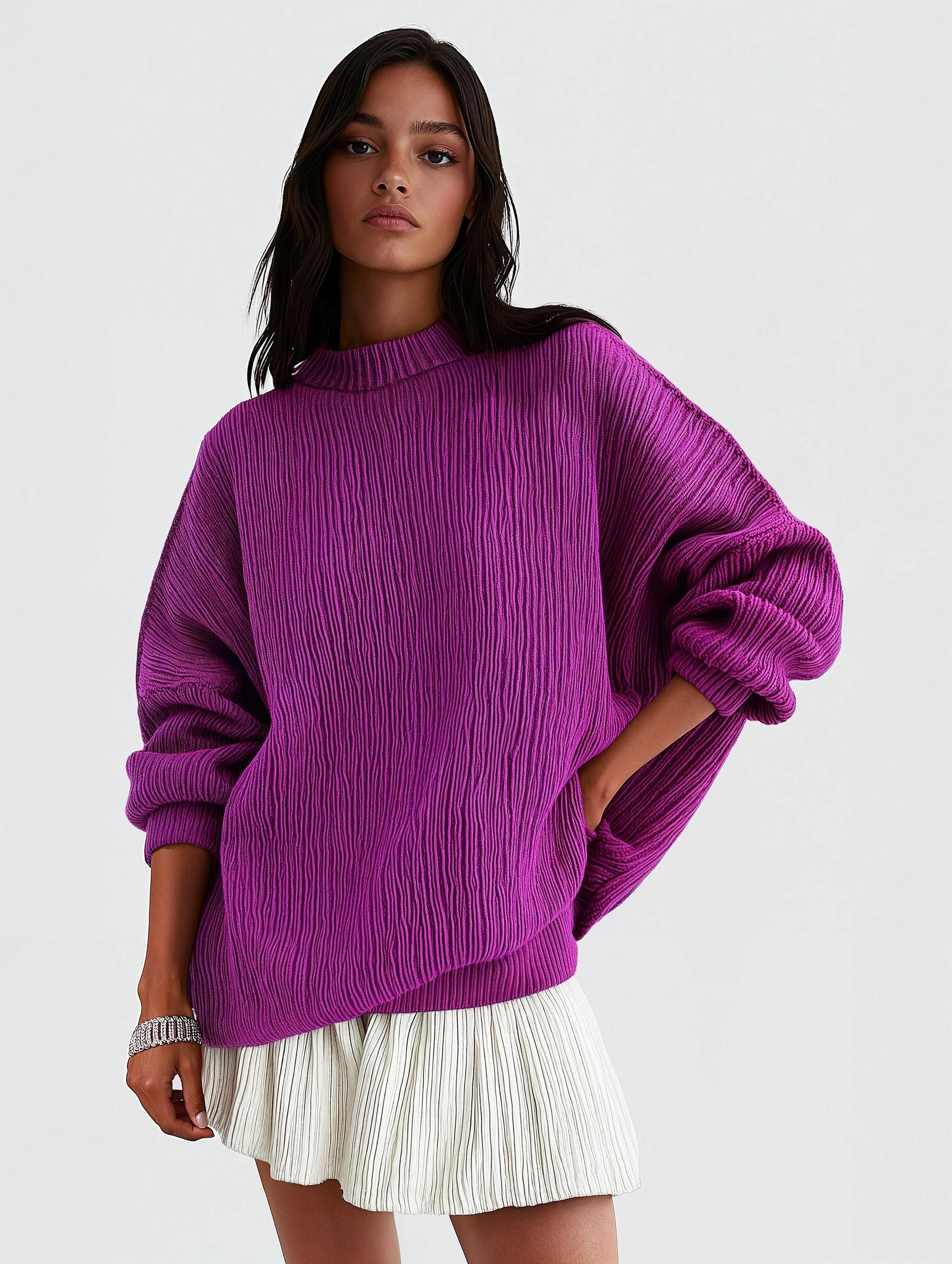Women's Oversized Ribbed Magenta Sweater - Textured Knit Pullover - Magenta oversized sweater