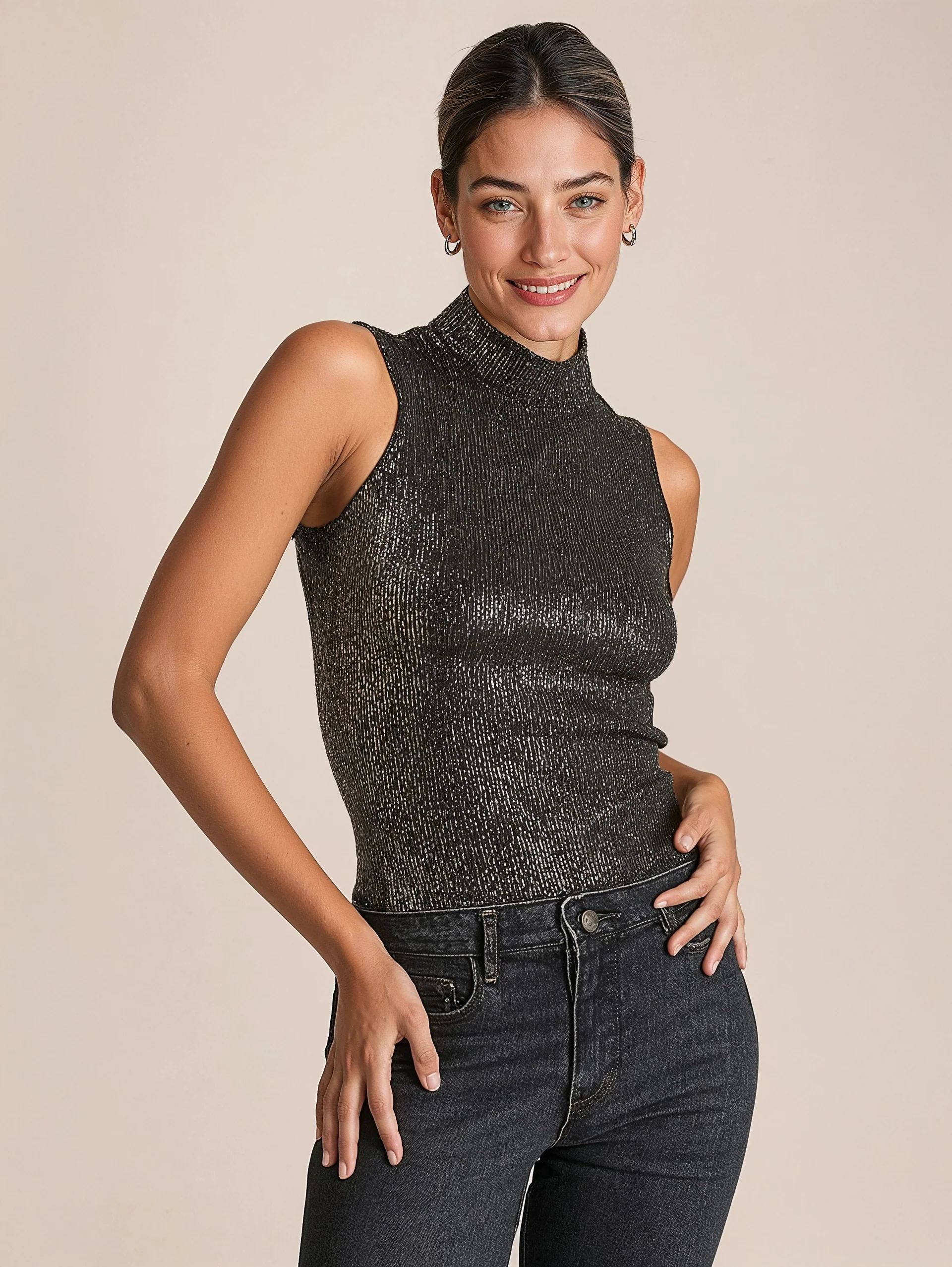 Metallic Ribbed High-Neck Sleeveless Top - Glitter Evening Blouse - Metallic ribbed top