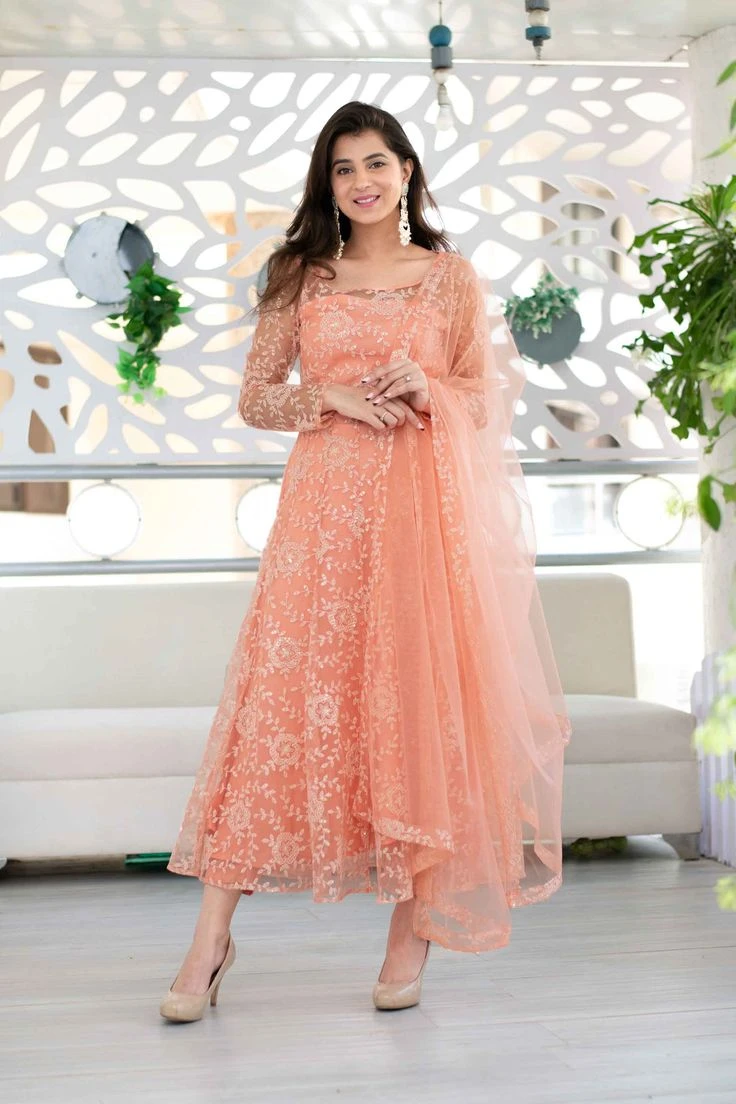 Elegant Peach Net Embroidered Anarkali Dress with Dupatta - Peach anarkali dress