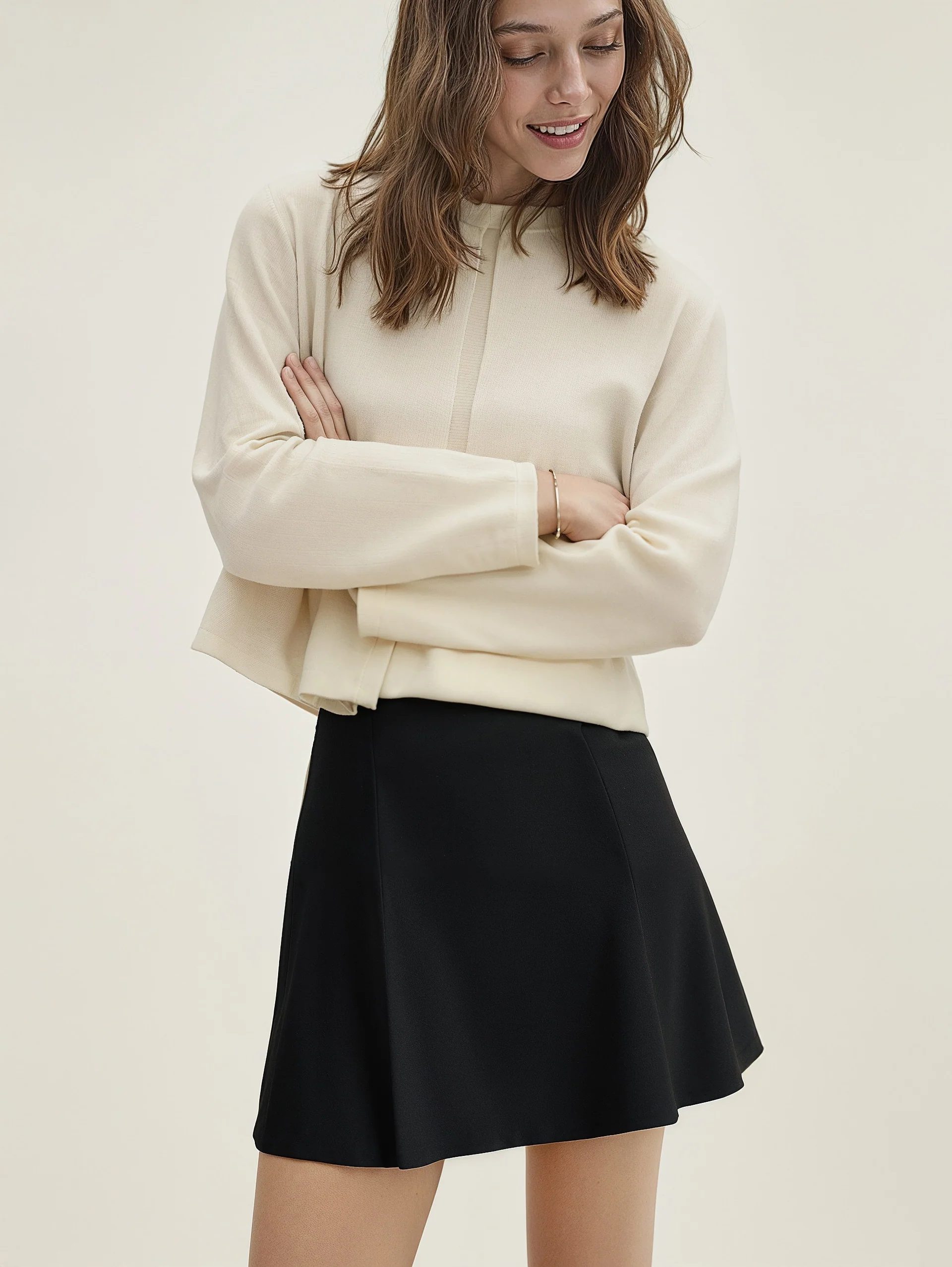 Minimalist Black and White Flared Skirt and Cream Jacket Set - Minimalist outfit set