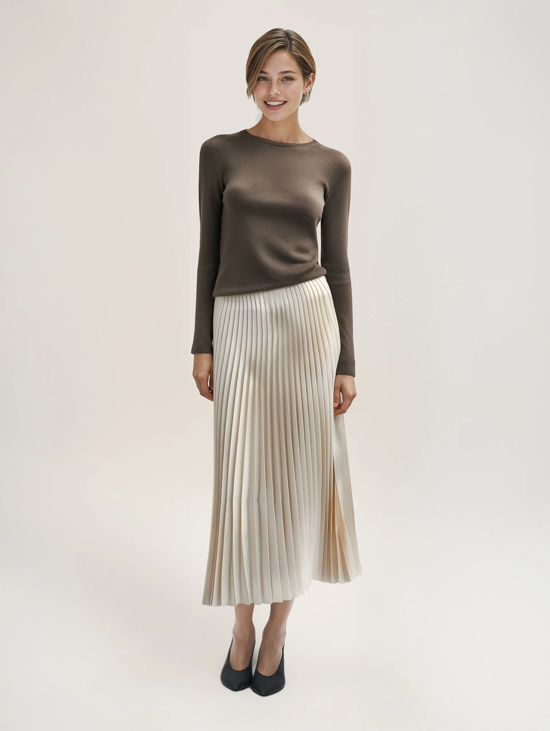 Elegant Neutral Tone Pleated Skirt and Sweater Set - Minimalist Chic Office Outfit - Minimalist professional outfit