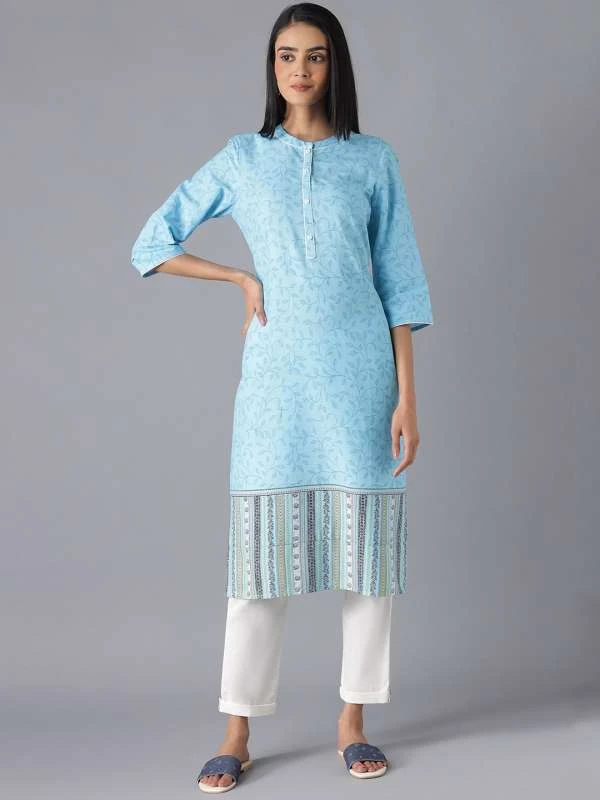 Sky Blue Printed Cotton Straight Kurta with Border Detail for Women - Cotton kurta