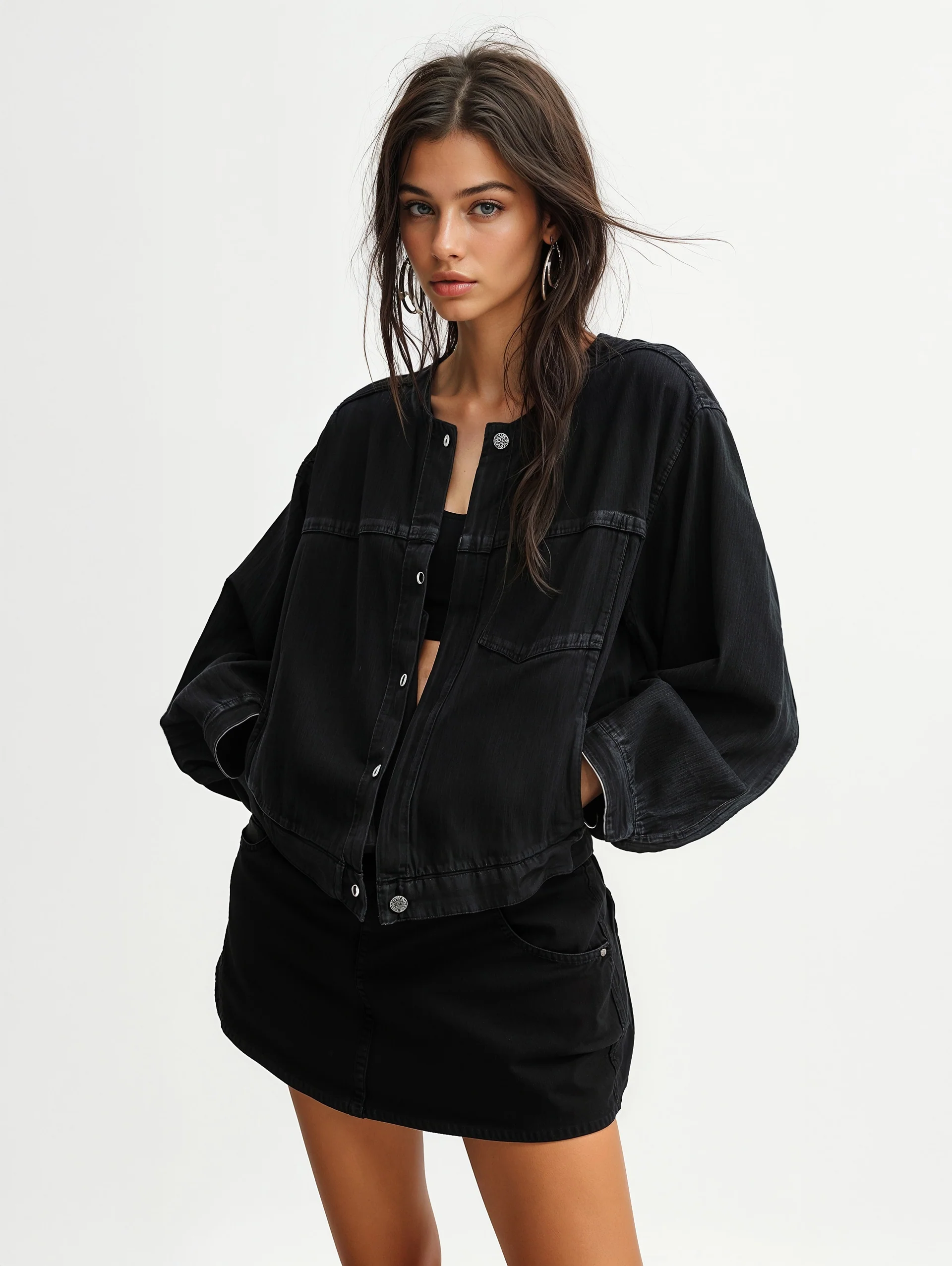 Black Oversized Denim Jacket - Vintage Wash Slouchy Jean Coat