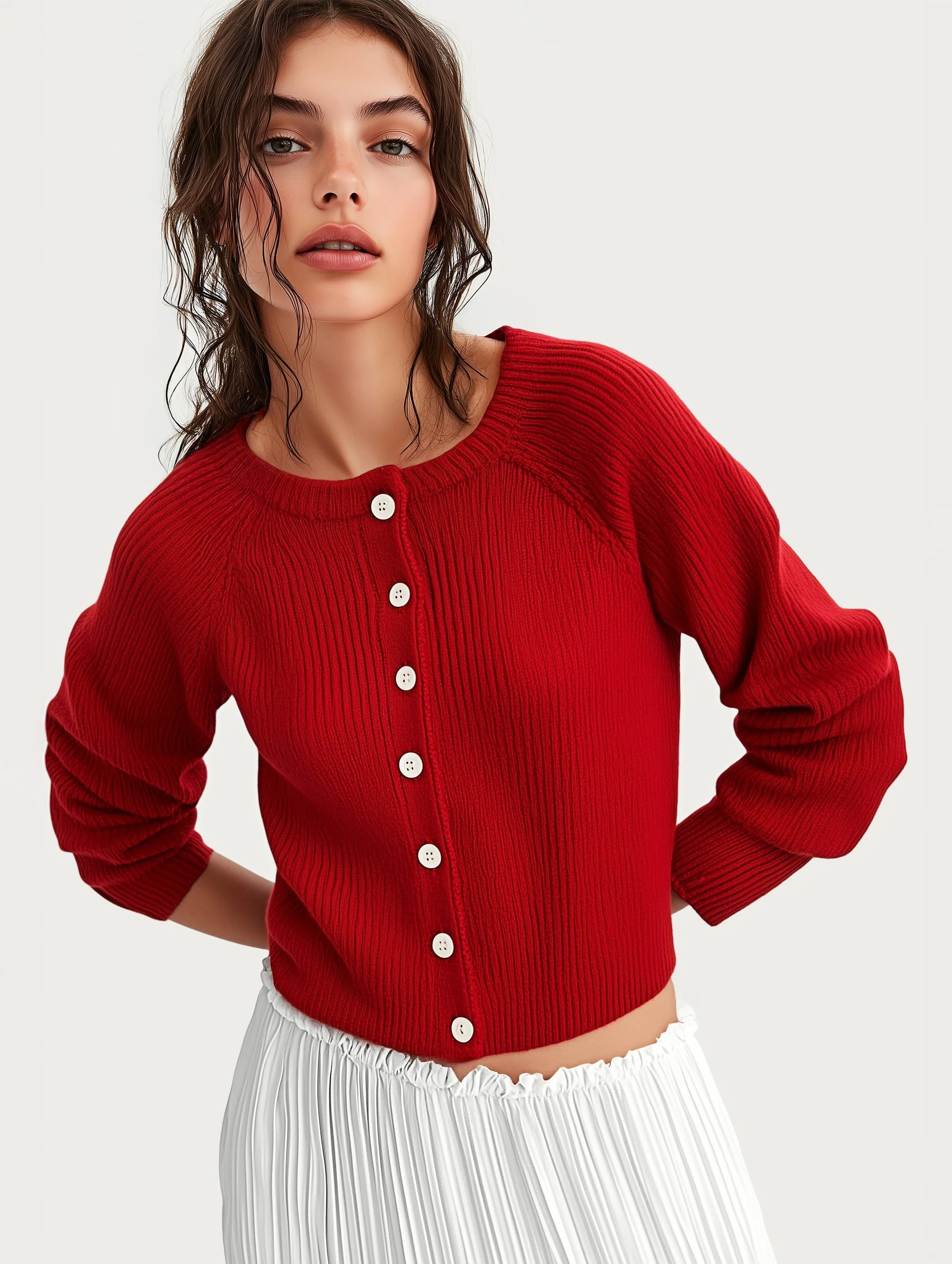 Classic Red Ribbed Knit Button-Up Cardigan Sweater - Red ribbed cardigan