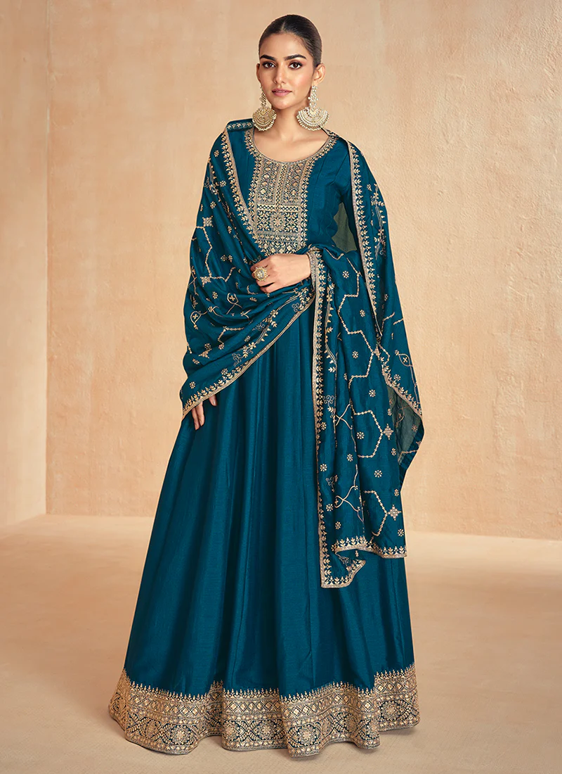 Royal Blue Embroidered Anarkali Suit - Traditional Wedding Wear Georgette Gown - Blue anarkali suit