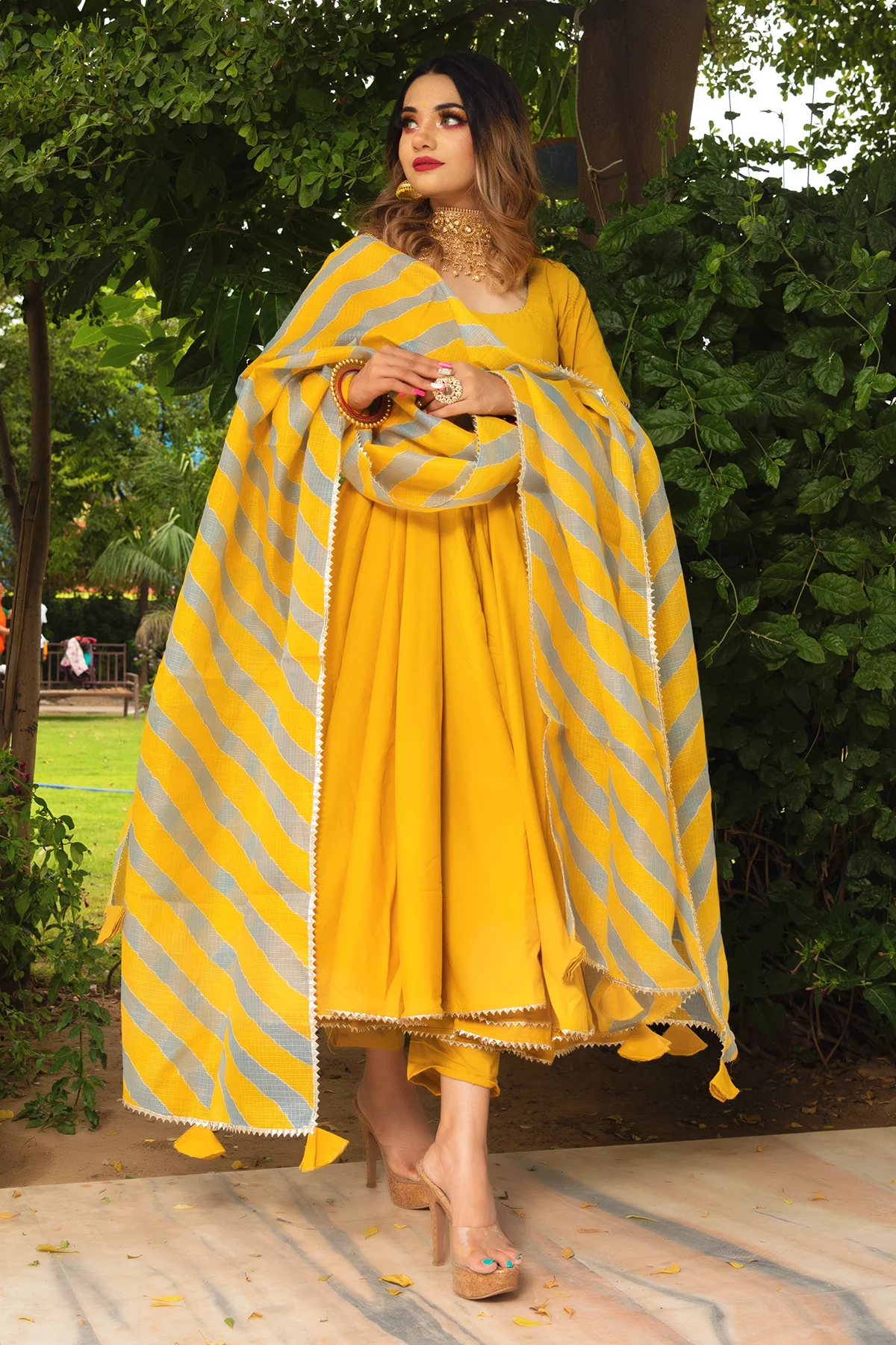 Elegant Yellow Leheriya Anarkali Suit with Striped Dupatta - Traditional Indian Festival Wear
