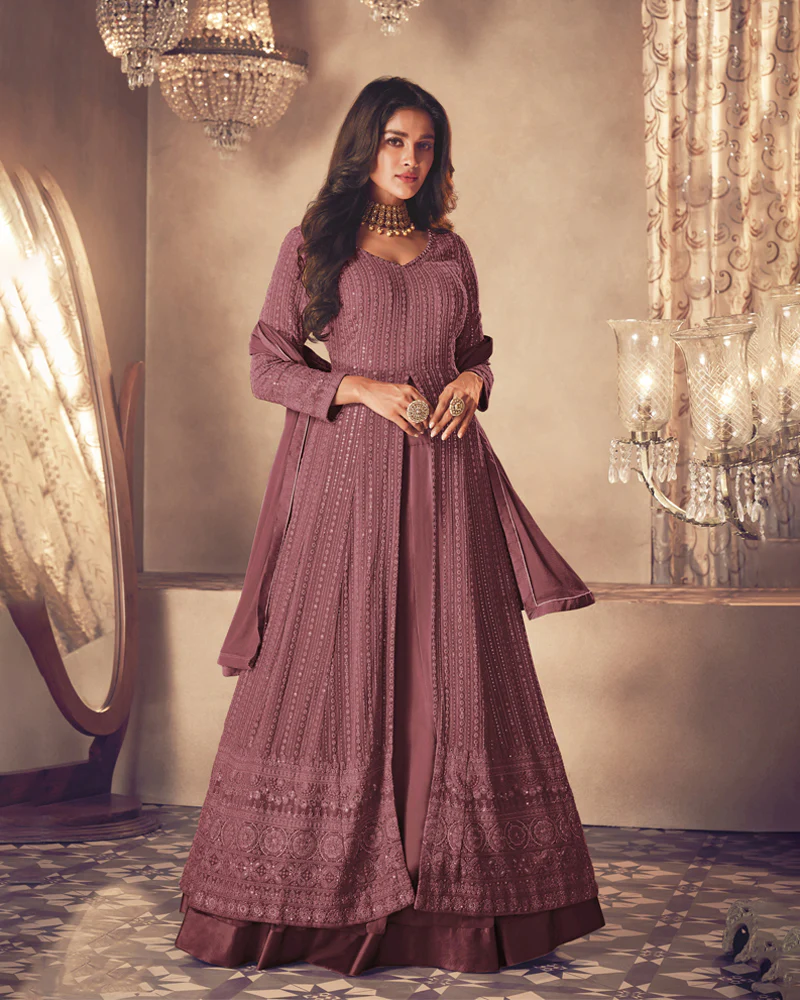 Dusty Rose Elegant Embroidered Anarkali Suit - Premium Georgette Wedding Dress