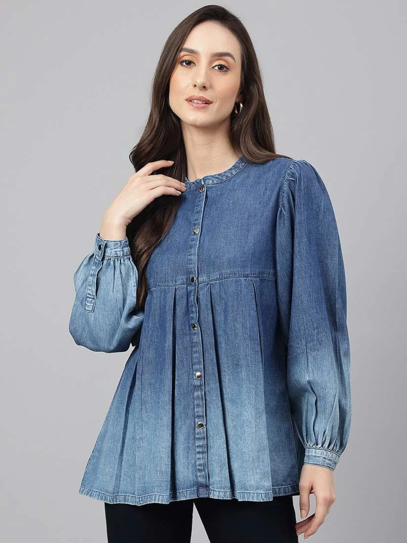 Women's Denim Babydoll Blouse - Soft Blue Gradient Button-Up Shirt