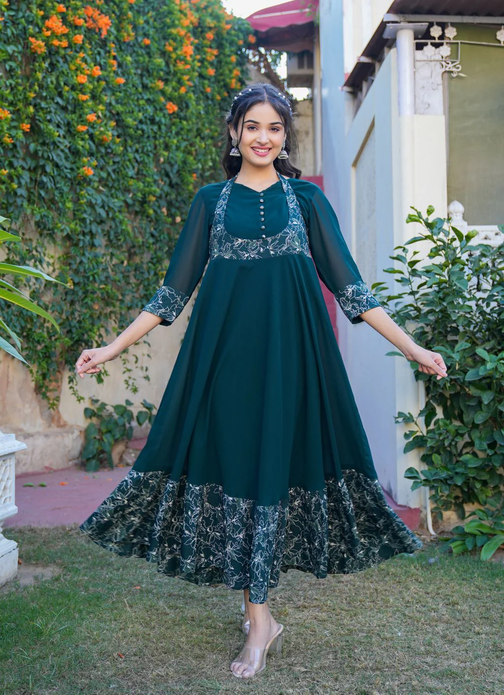 Elegant Teal Green Floral Printed Maxi Dress with Flared Silhouette - Teal green maxi dress