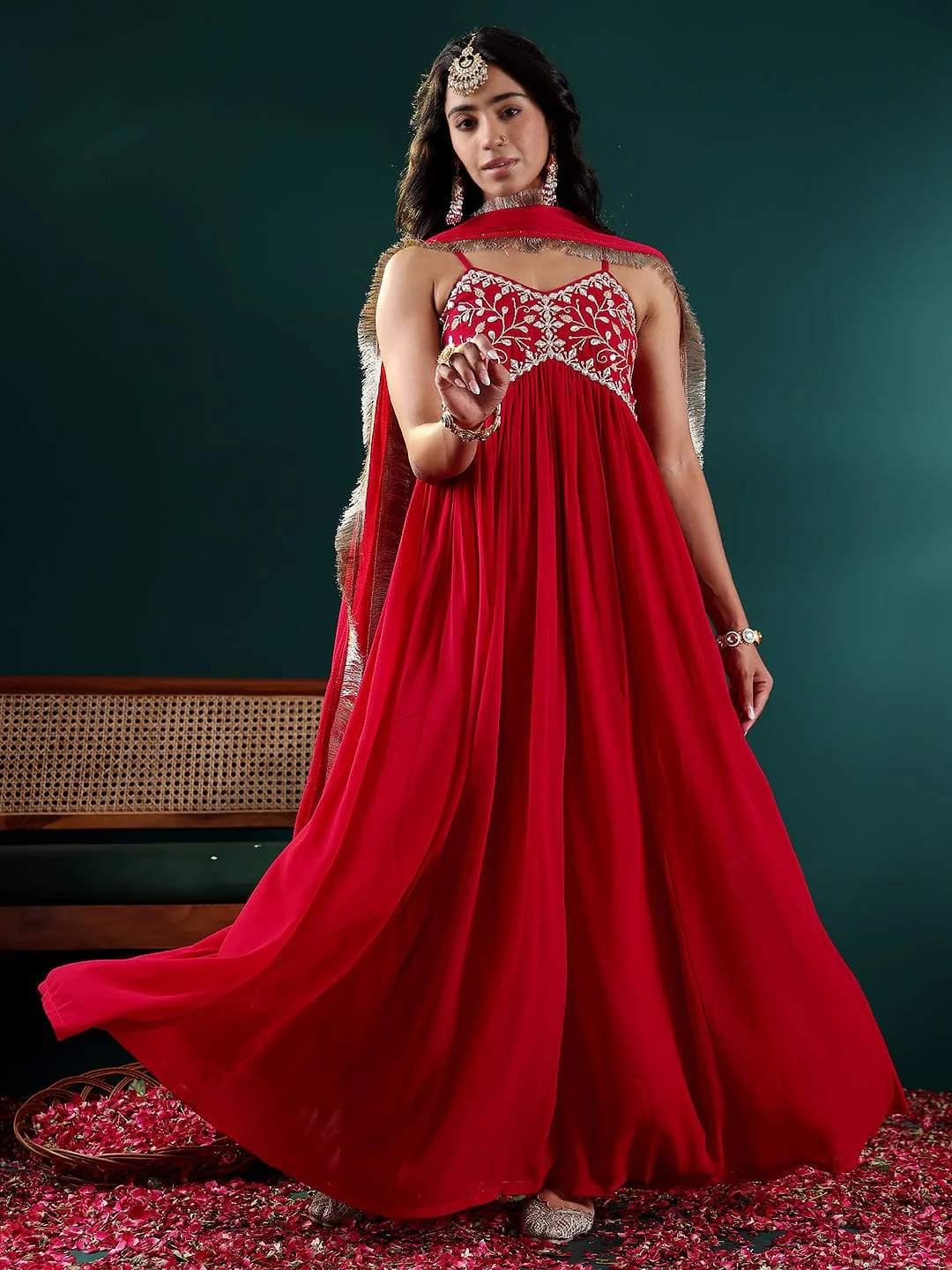 Elegant Red Embroidered Anarkali Gown with Dupatta - Traditional Indian Wedding Dress