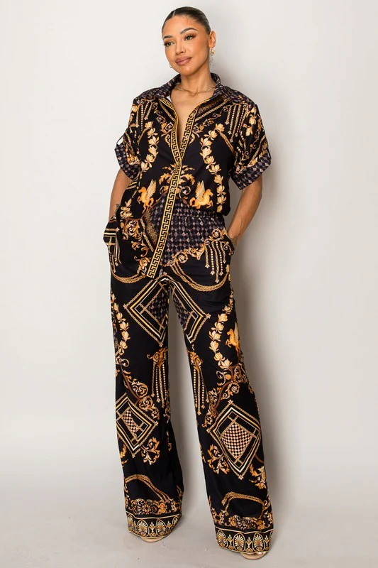 Luxe Baroque Print Jumpsuit - Elegant Gold and Black Paisley Wide-Leg Romper