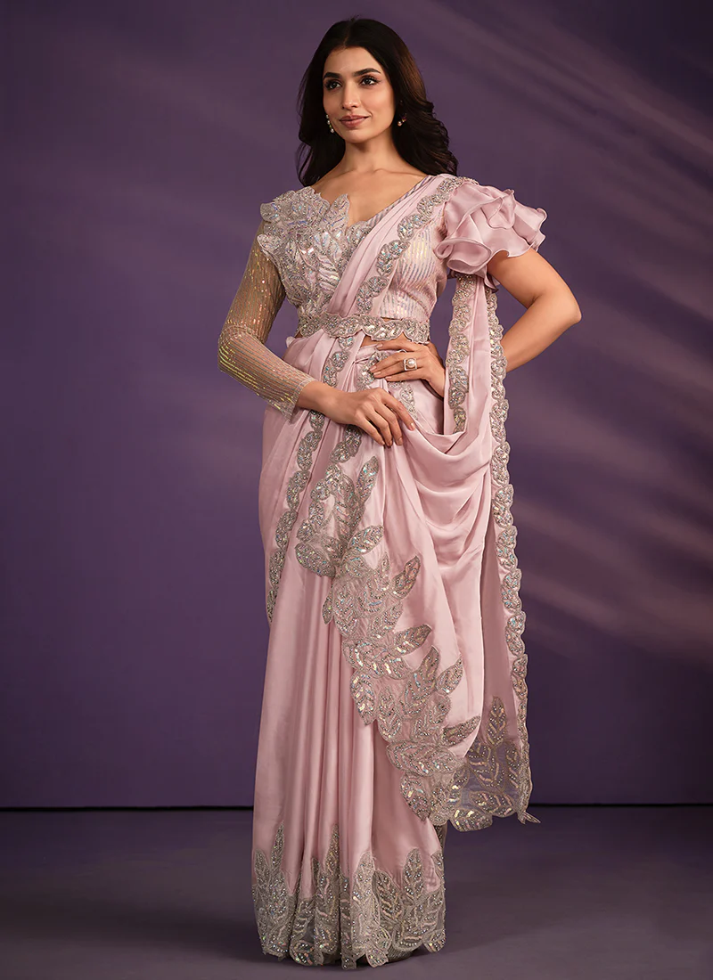 Elegant Blush Pink Designer Saree with Sequin and Ruffle Embellishments