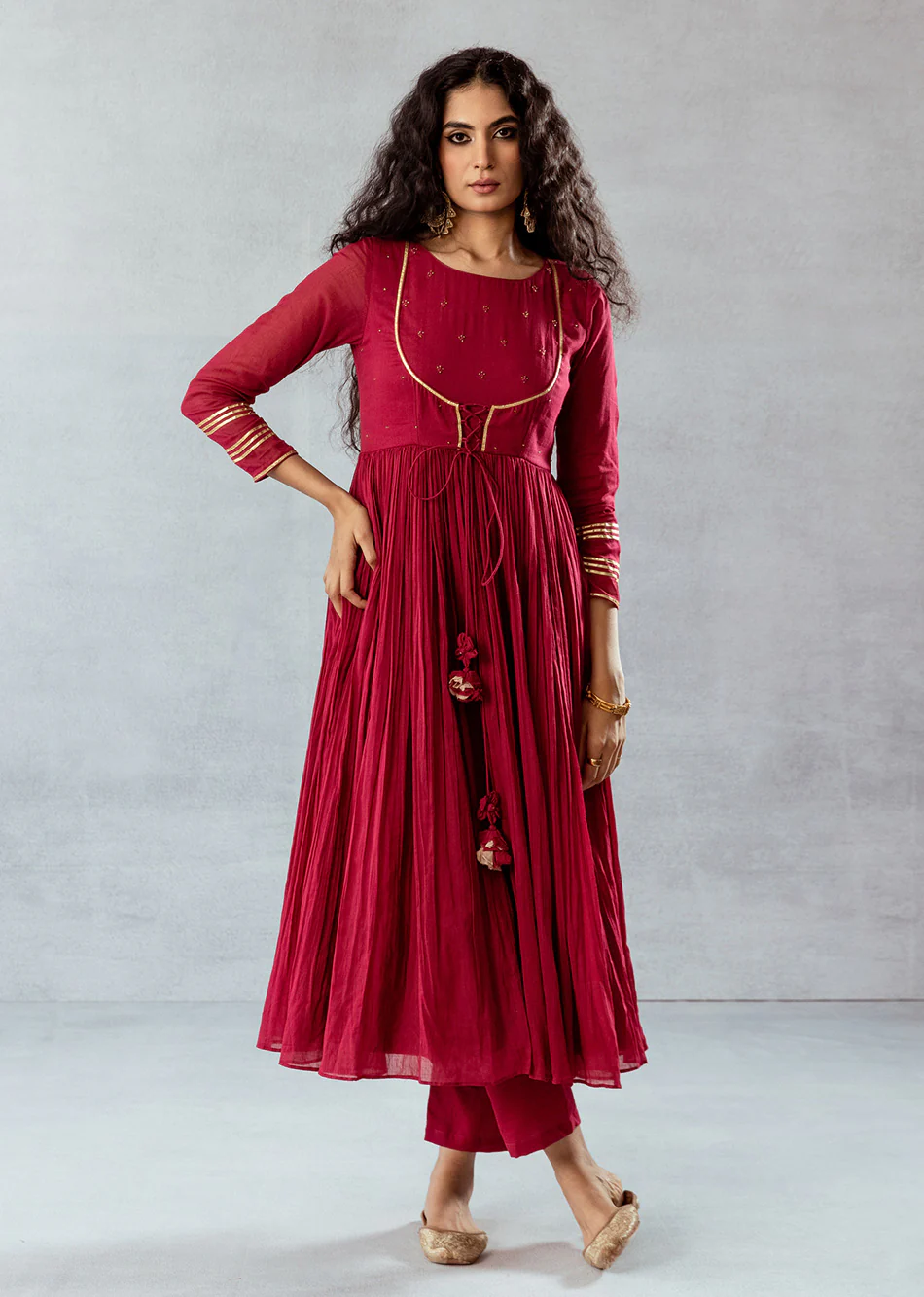 Deep Red Pleated Anarkali Kurta Set with Gold Trim - Traditional Indian Ethnic Wear