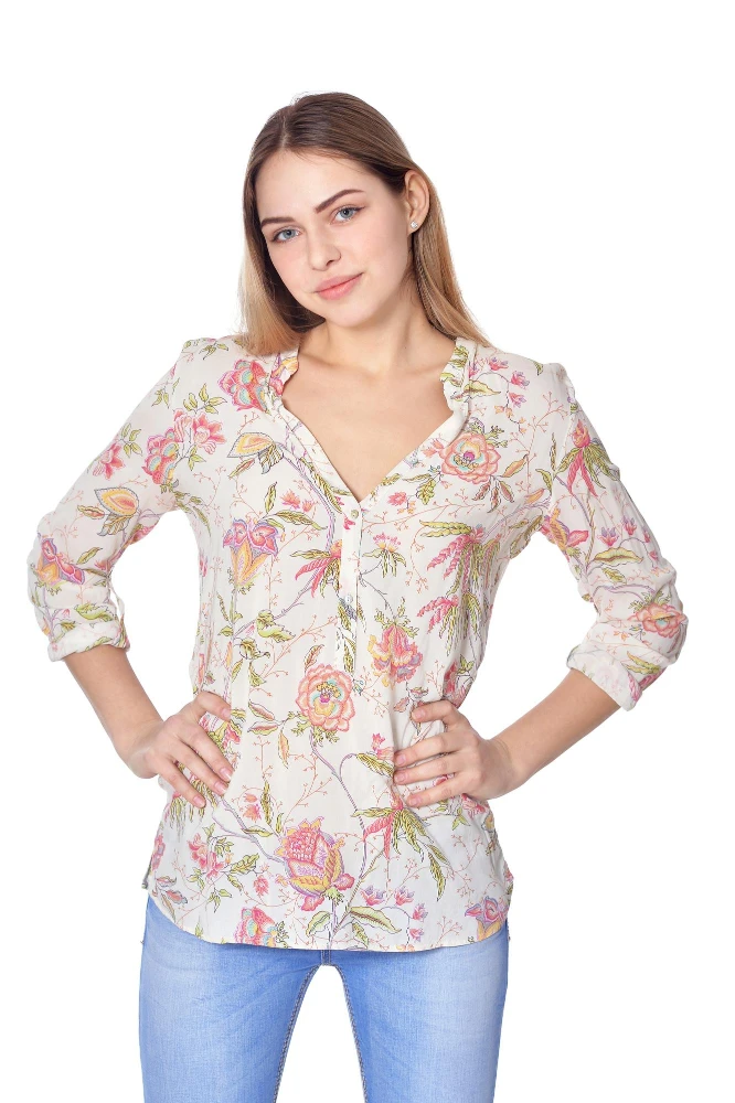 Women's Soft Pink Floral V-Neck Henley Blouse - Romantic Boho Chic Top - Women's floral henley blouse