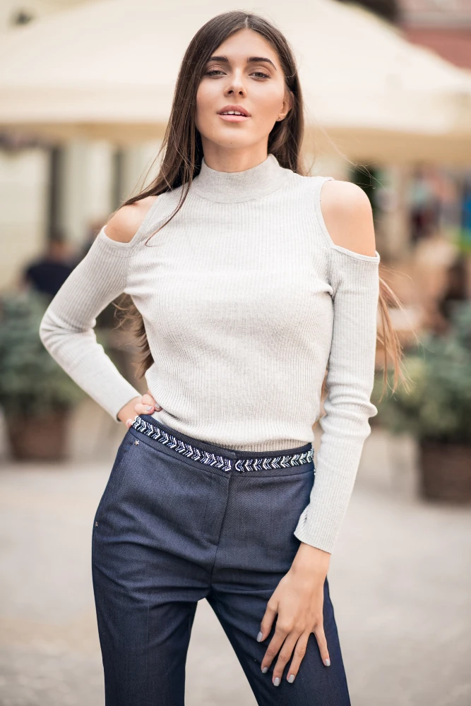 Women's Cold Shoulder Knit Sweater with Ribbed High Neck - Elegant Winter Staple