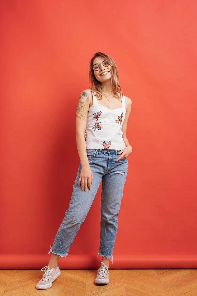 Women's Floral Print White Tank Top with Vintage Denim - Casual Summer Outfit - Floral white tank top