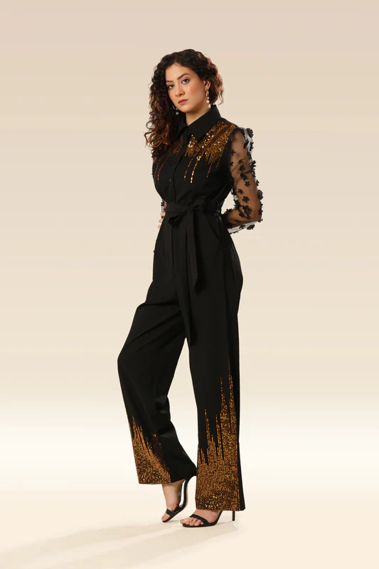 Elegant Black Gold Sequin Party Jumpsuit with Sheer Sleeves