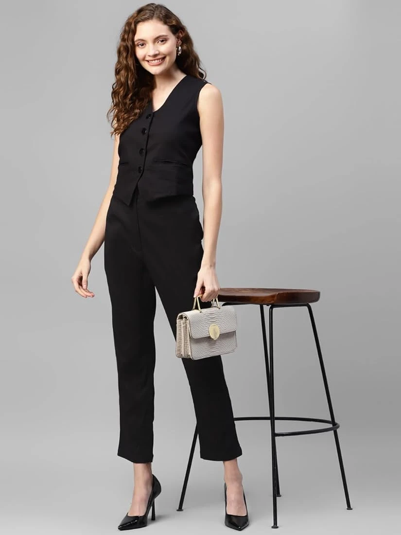 Women's Black Sleeveless Professional Jumpsuit - Elegant Business Attire