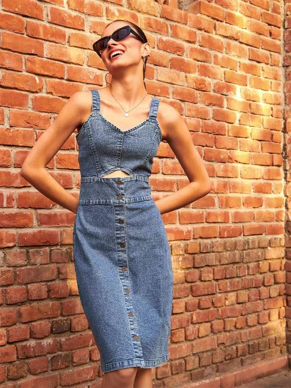 Chic Denim Cut-Out Button-Front Midi Dress - Trendy Summer Outfit - Denim cut-out midi dress