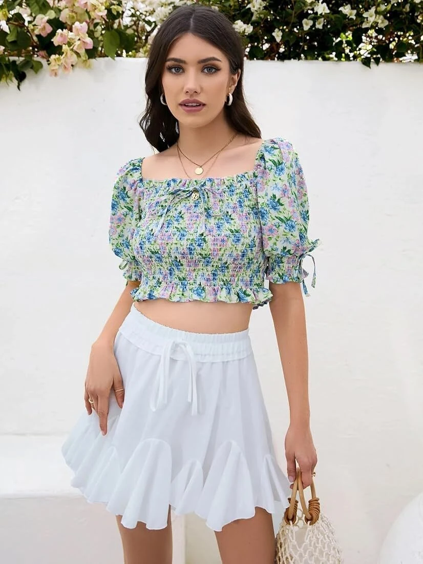 Floral Smocked Crop Top and White Ruffle Skirt Set - Summer Garden Party Outfit
