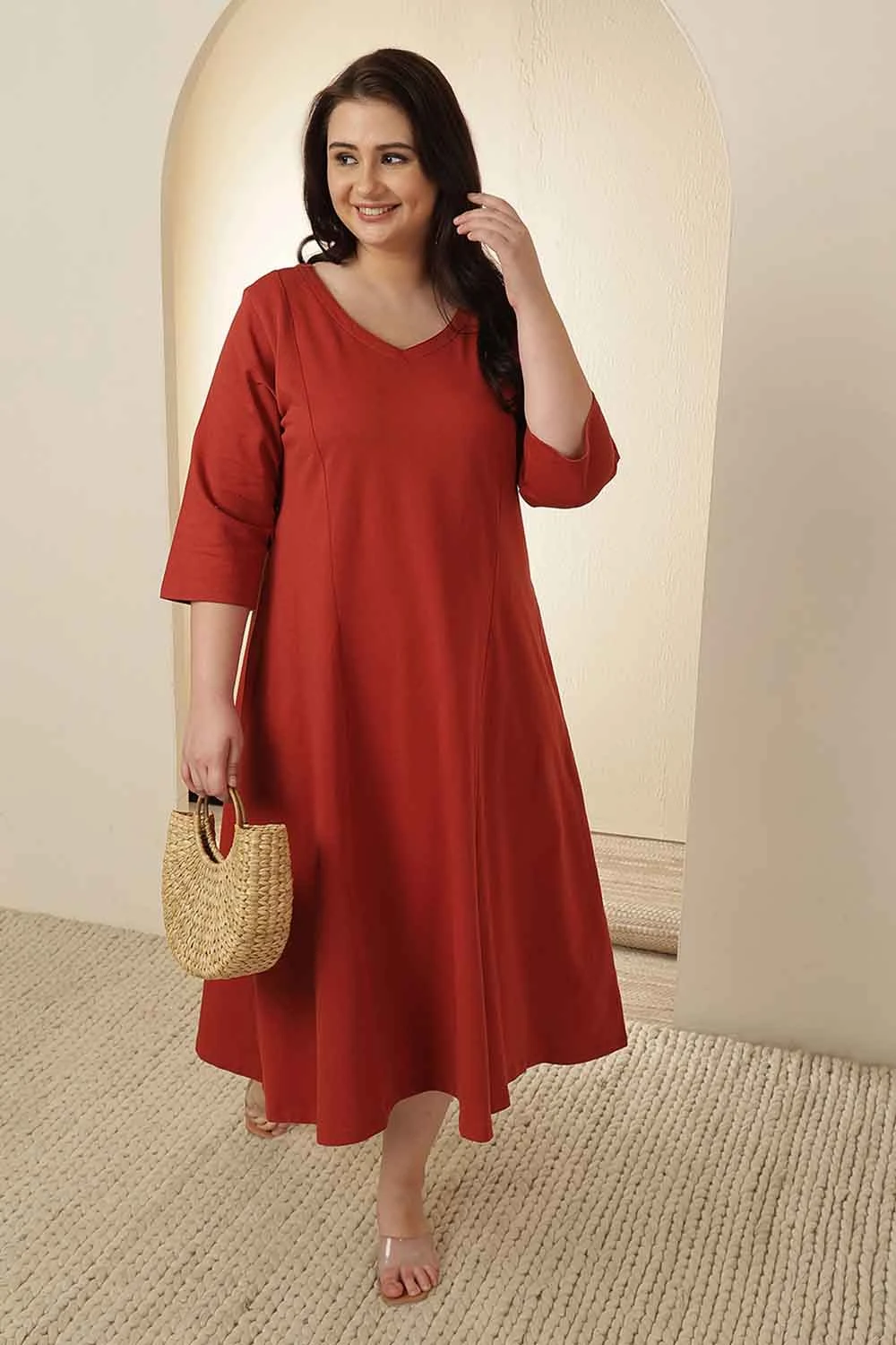Elegant Red V-Neck A-Line Midi Dress - Plus Size Friendly Casual Wear - Red midi dress
