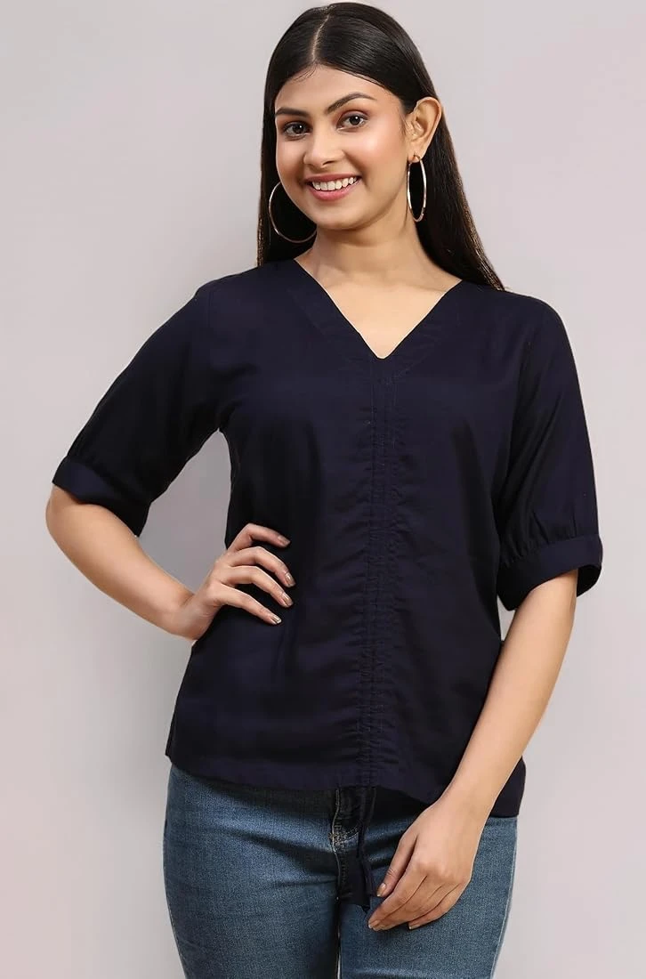 Navy Blue V-Neck Casual Blouse - Elegant Everyday Comfort Top - Navy blue v-neck blouse