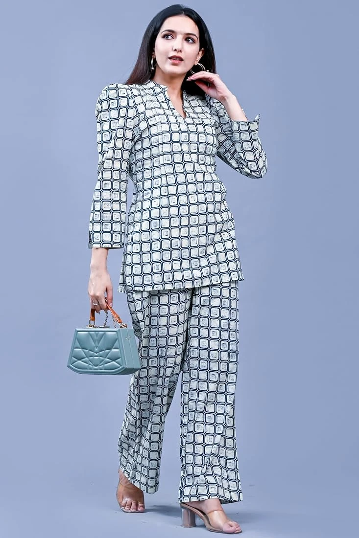 Geometric Grid Print Palazzo Co-ord Set with Matching Handbag - Geometric print co-ord set