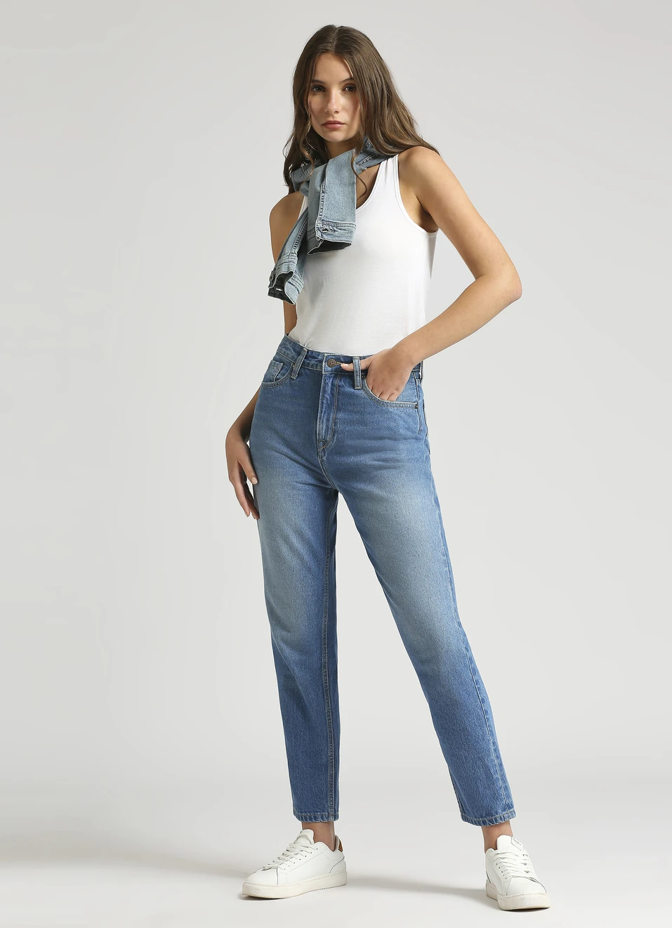 Classic High-Waisted Straight Leg Denim Jeans - Vintage Blue Wash