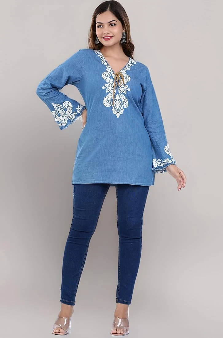 Blue Denim Ethnic Embroidered Tunic Top - Women's Casual Chic Kurta Blouse - Denim embroidered tunic