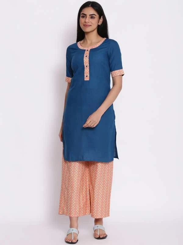 Blue Cotton Ethnic Kurta with Printed Palazzo Set for Women - Cotton kurta palazzo set