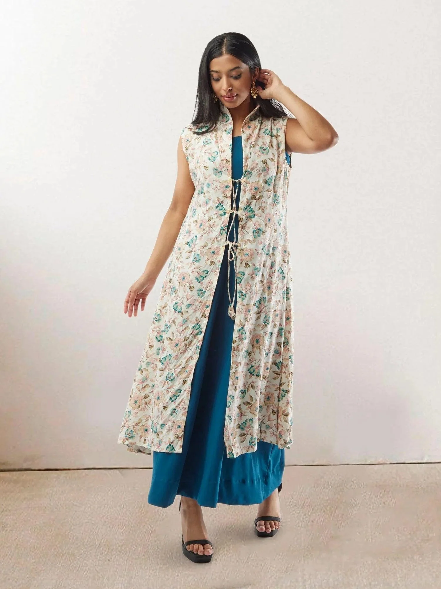 Floral Chiffon Long Vest with Blue Maxi Dress - Layered Bohemian Outfit