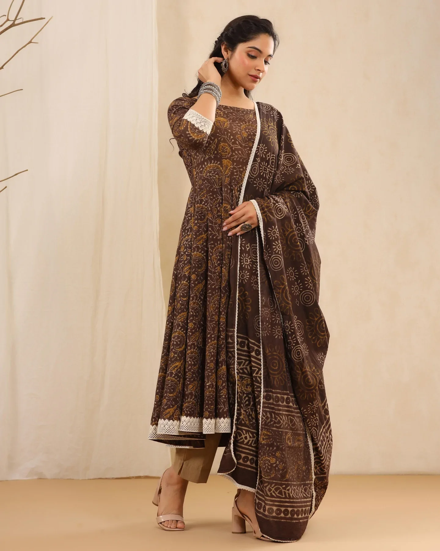 Brown Ethnic Floral Anarkali Kurta Set with Dupatta - Traditional Indian Festive Wear