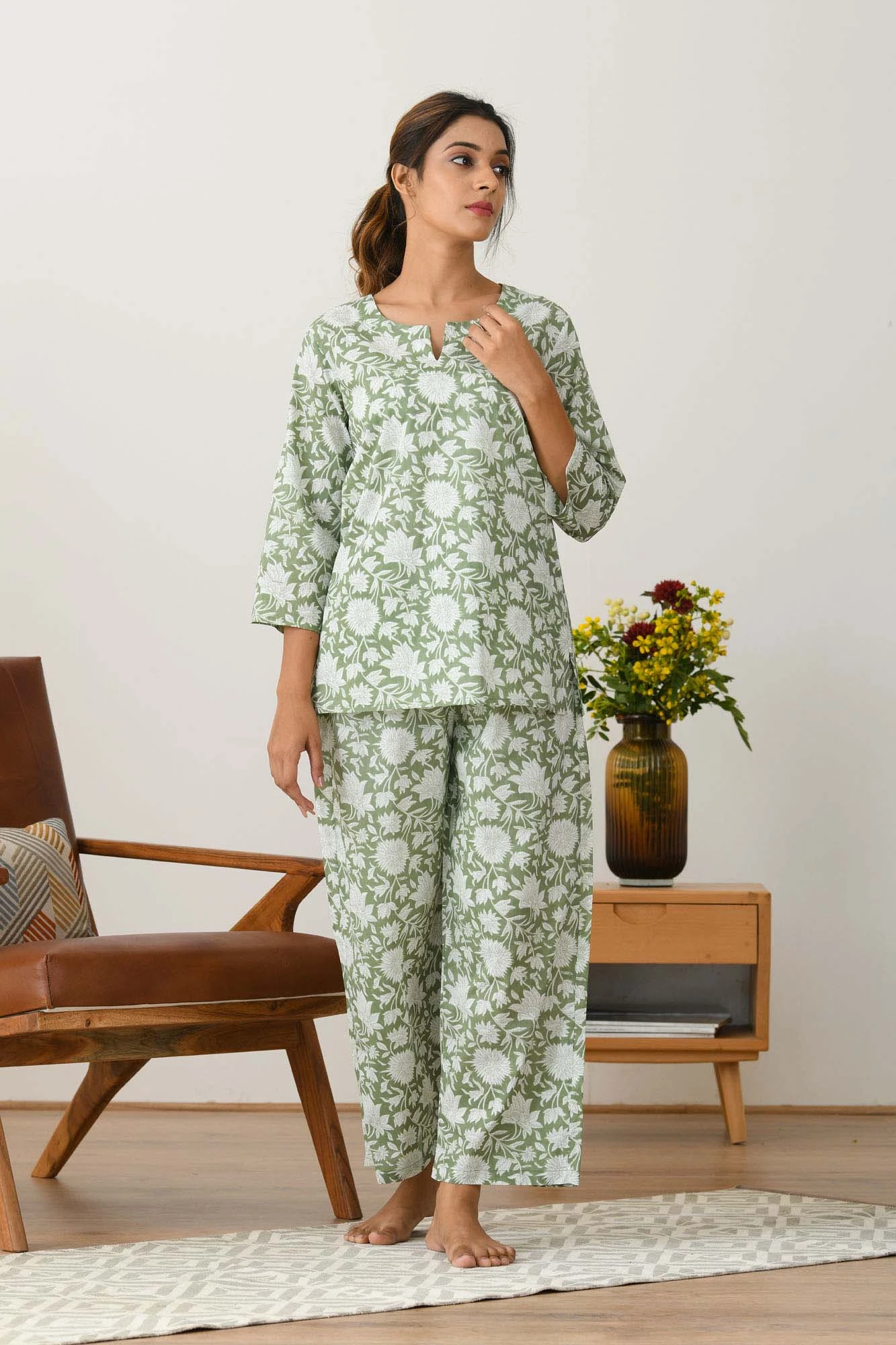 Sage Green Floral Cotton Loungewear Set - Comfortable Home Pajamas