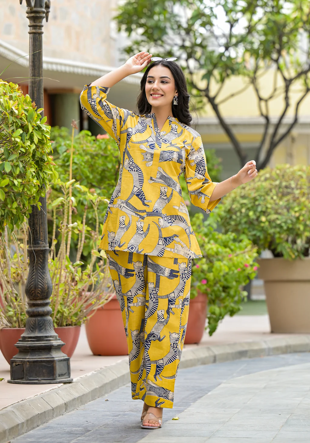 Women's Yellow Zebra Print Co-ord Set - Comfortable Ethnic Summer Loungewear