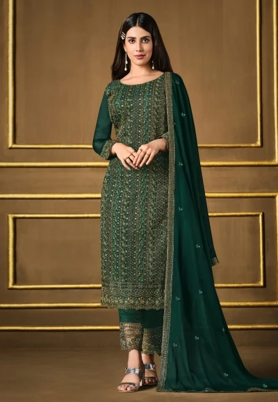 Elegant Dark Green Embroidered Georgette Salwar Kameez Suit with Matching Dupatta - Green georgette salwar kameez