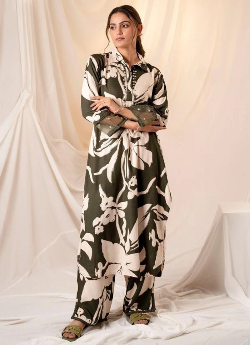 Olive Green Floral Abstract Print Shirt Collar Co-ord Set with Wide-Leg Pants - Floral co-ord set