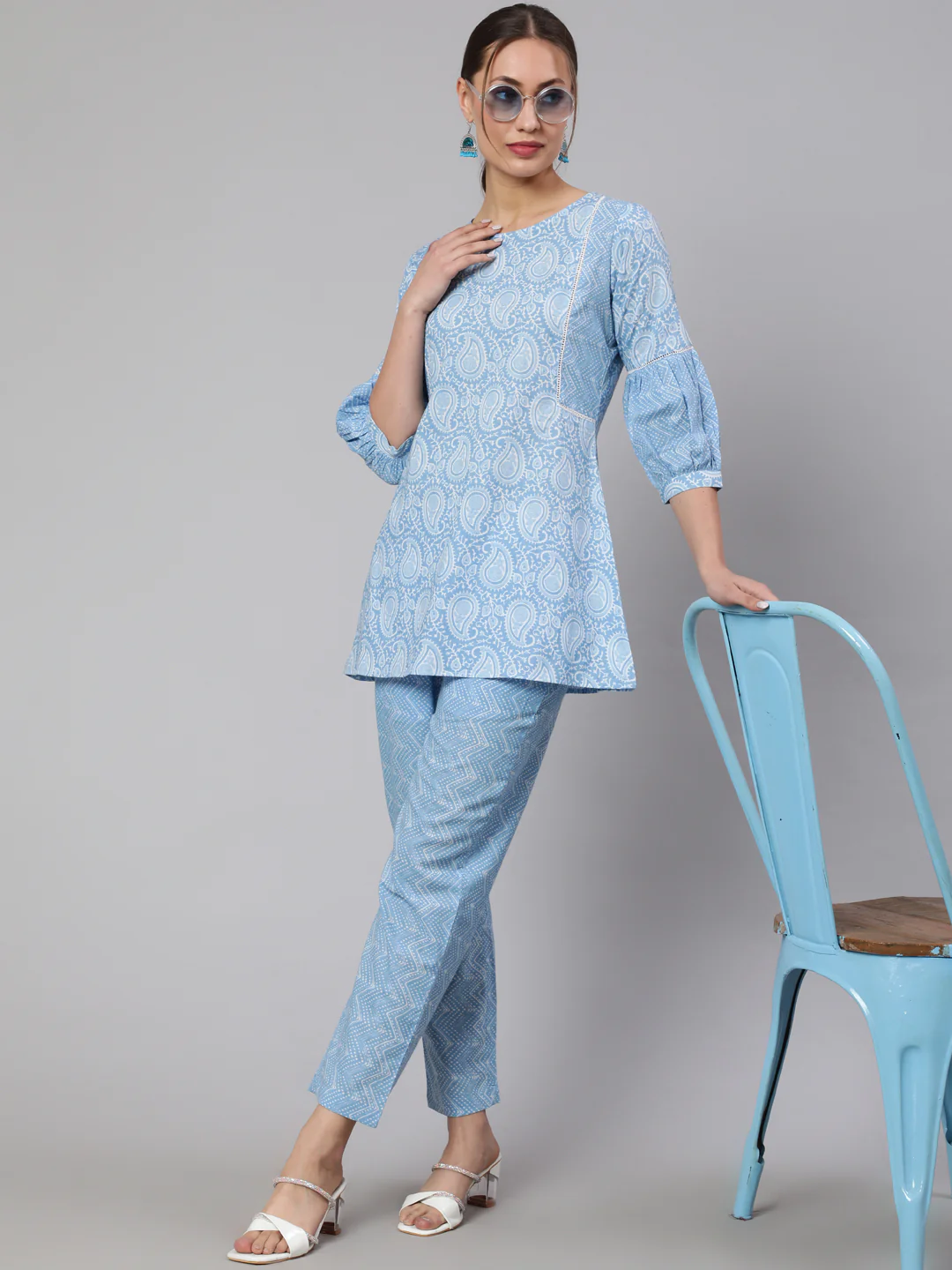 Women's Sky Blue Paisley Print Kurta and Pant Set - Comfortable Ethnic Wear - Paisley print kurta set