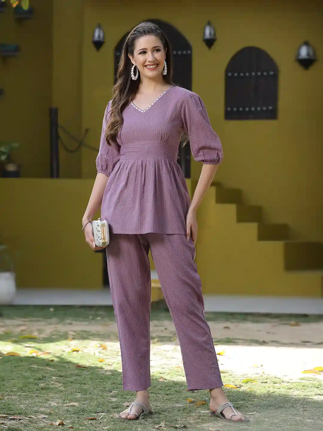 Lavender Ribbed V-Neck Co-ord Set with Balloon Sleeves - Lavender co-ord set