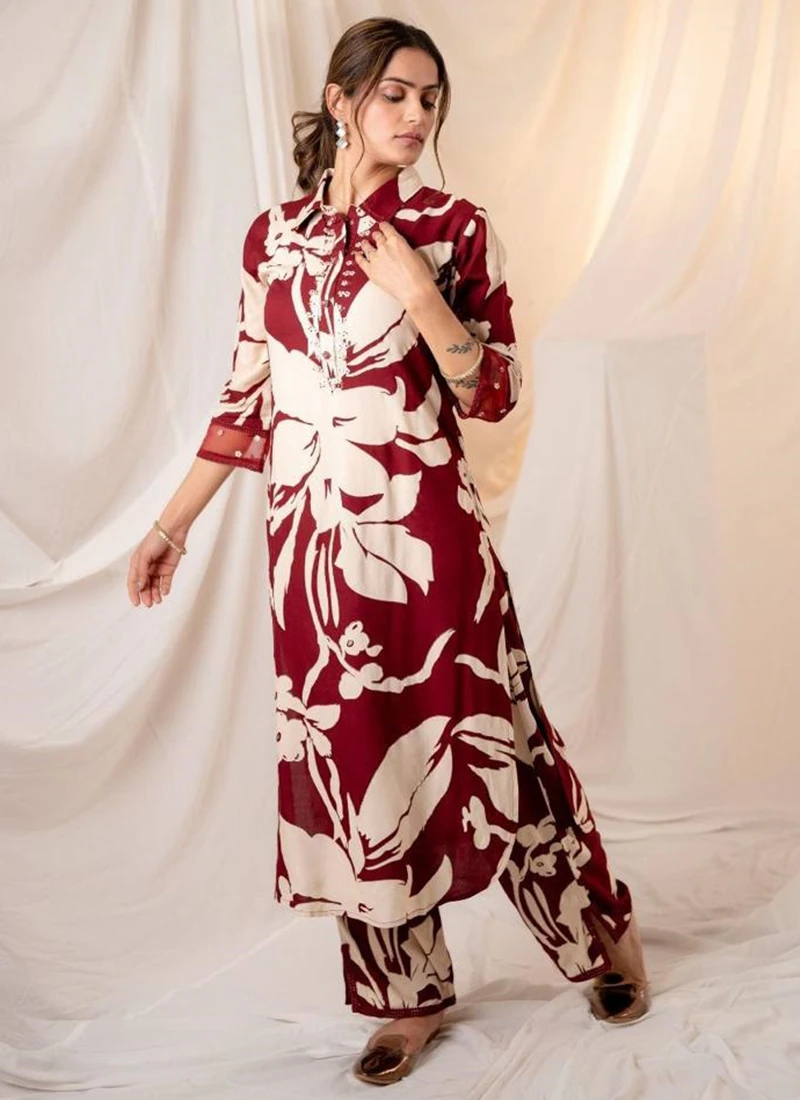 Women's Burgundy Floral Printed Co-ord Set | Ethnic Lounge Wear - Floral co-ord set