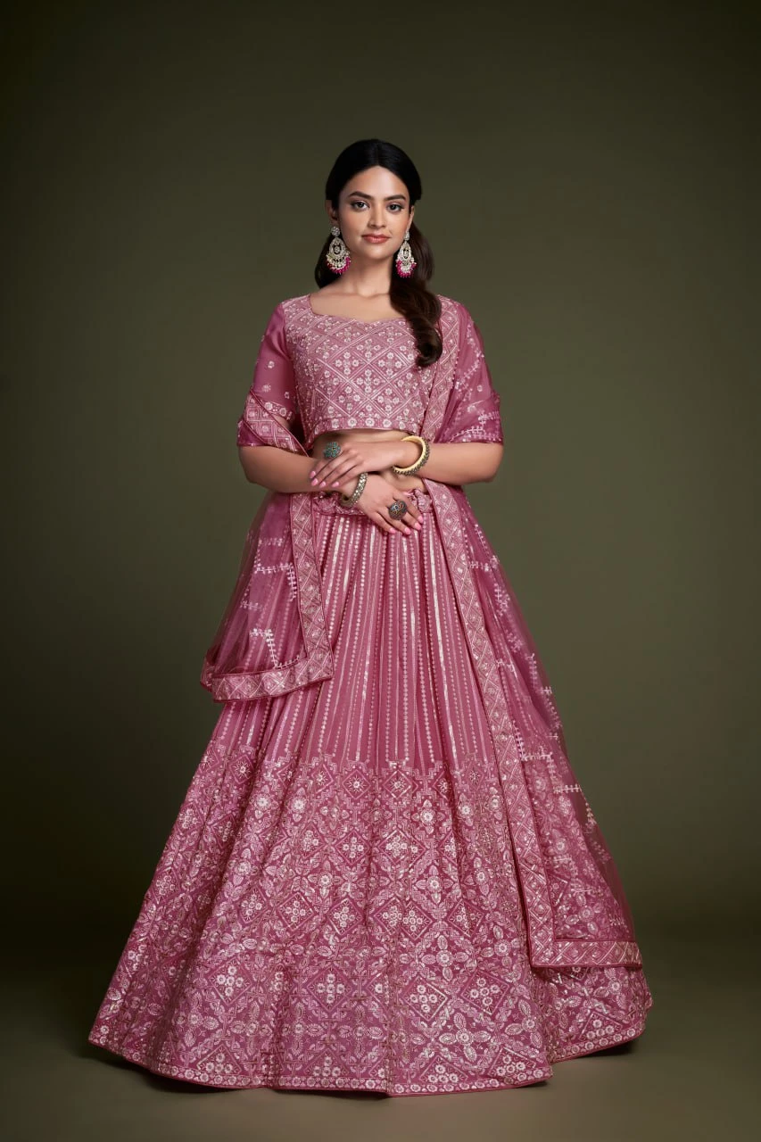 Elegant Pink Sequin Embroidered Lehenga Choli with Dupatta - Traditional Wedding Wear - Pink lehenga choli