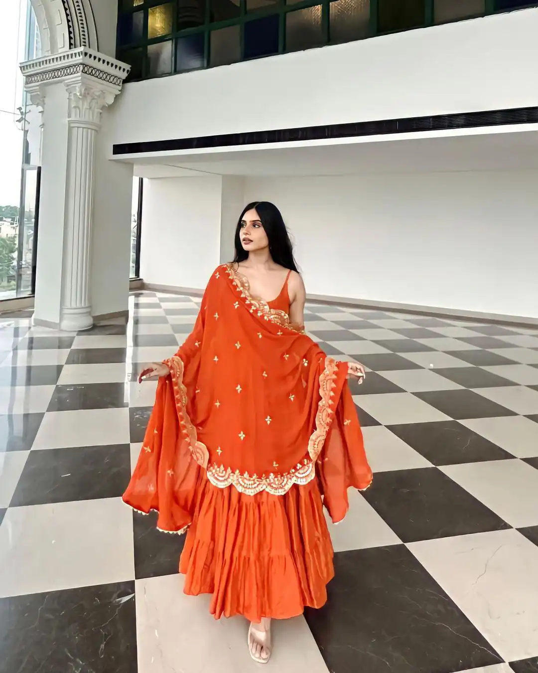 Radiant Orange Embroidered Ethnic Sharara Set with Delicate Gold Scallop Detailing - Orange sharara set