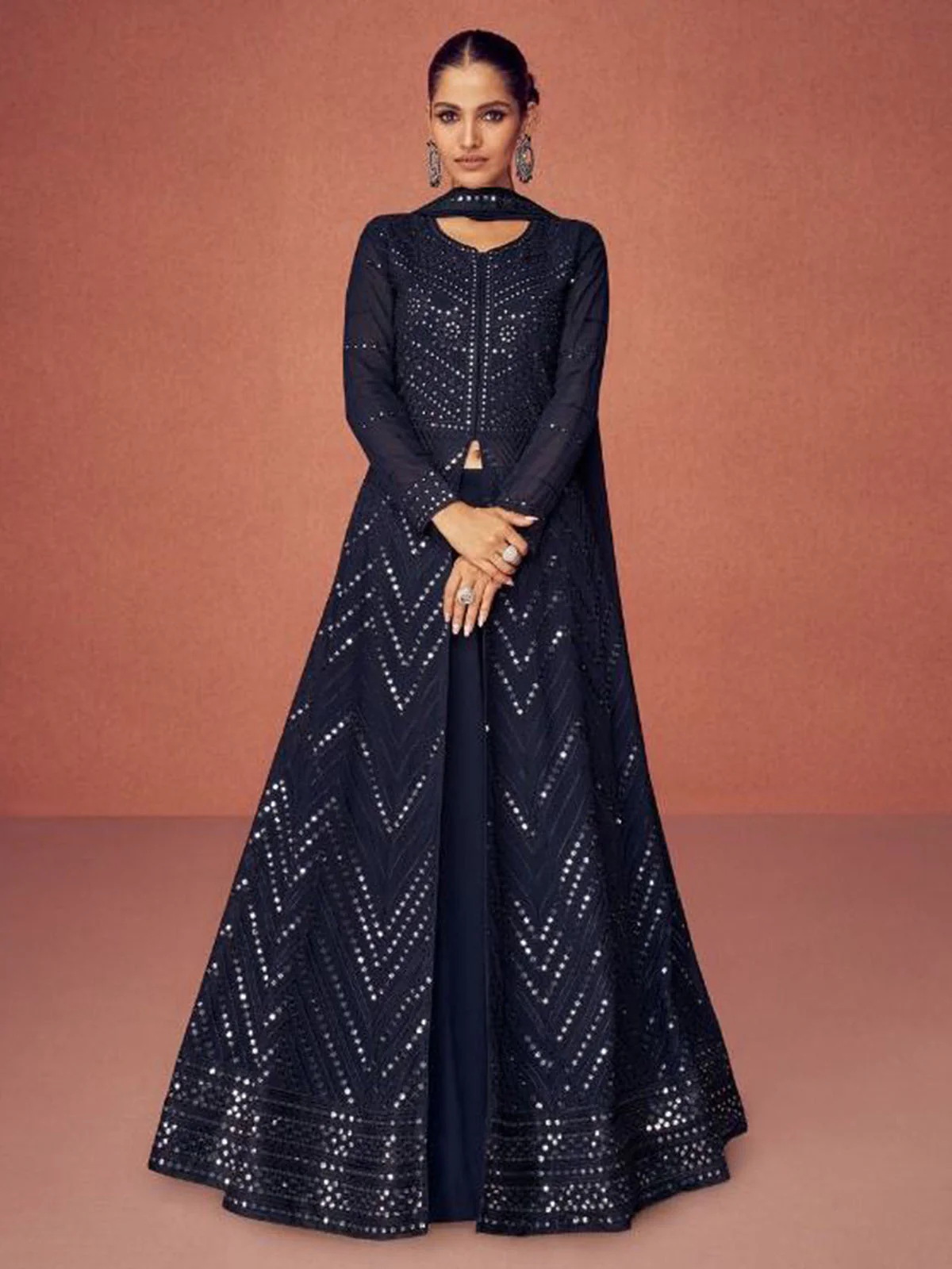Navy Blue Sequin Embellished Anarkali Suit - Elegant Indian Wedding Gown - Sequin anarkali suit