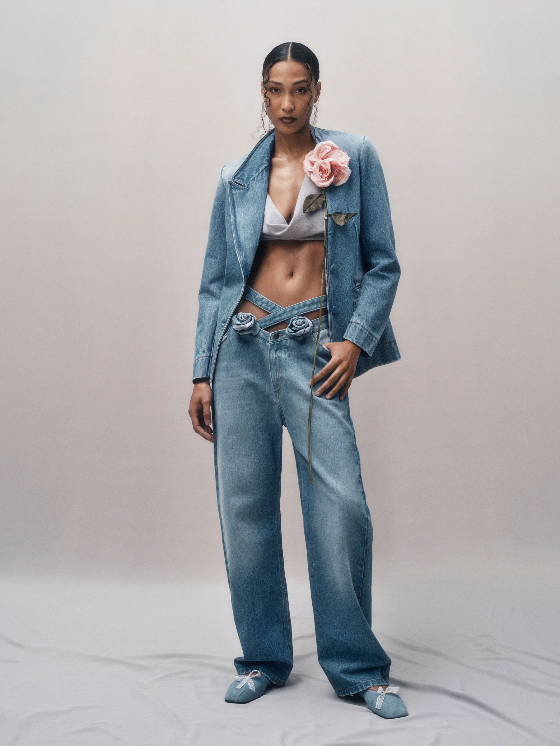 Romantic Rose Denim Co-ord Set with Floral Accent Jacket and Wide-Leg Jeans
