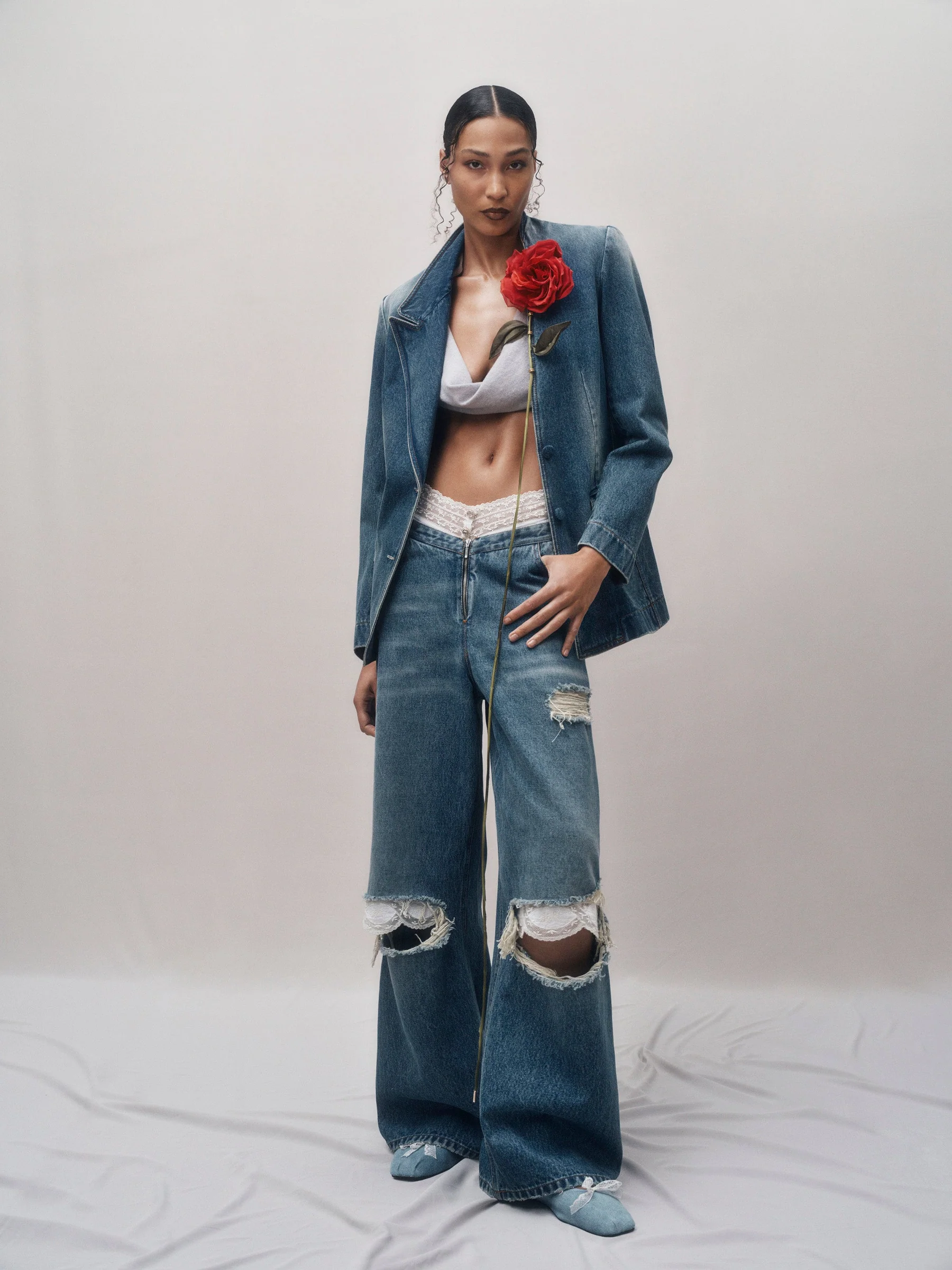 Vintage Distressed Wide-Leg Denim Ensemble with Blue Jacket - Distressed denim ensemble