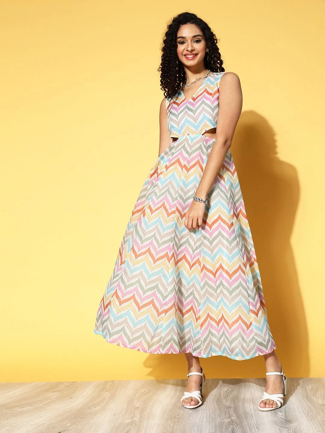 Pastel Chevron Cut-Out Maxi Dress - Sleeveless Summer Flowy Dress - Pastel chevron maxi dress