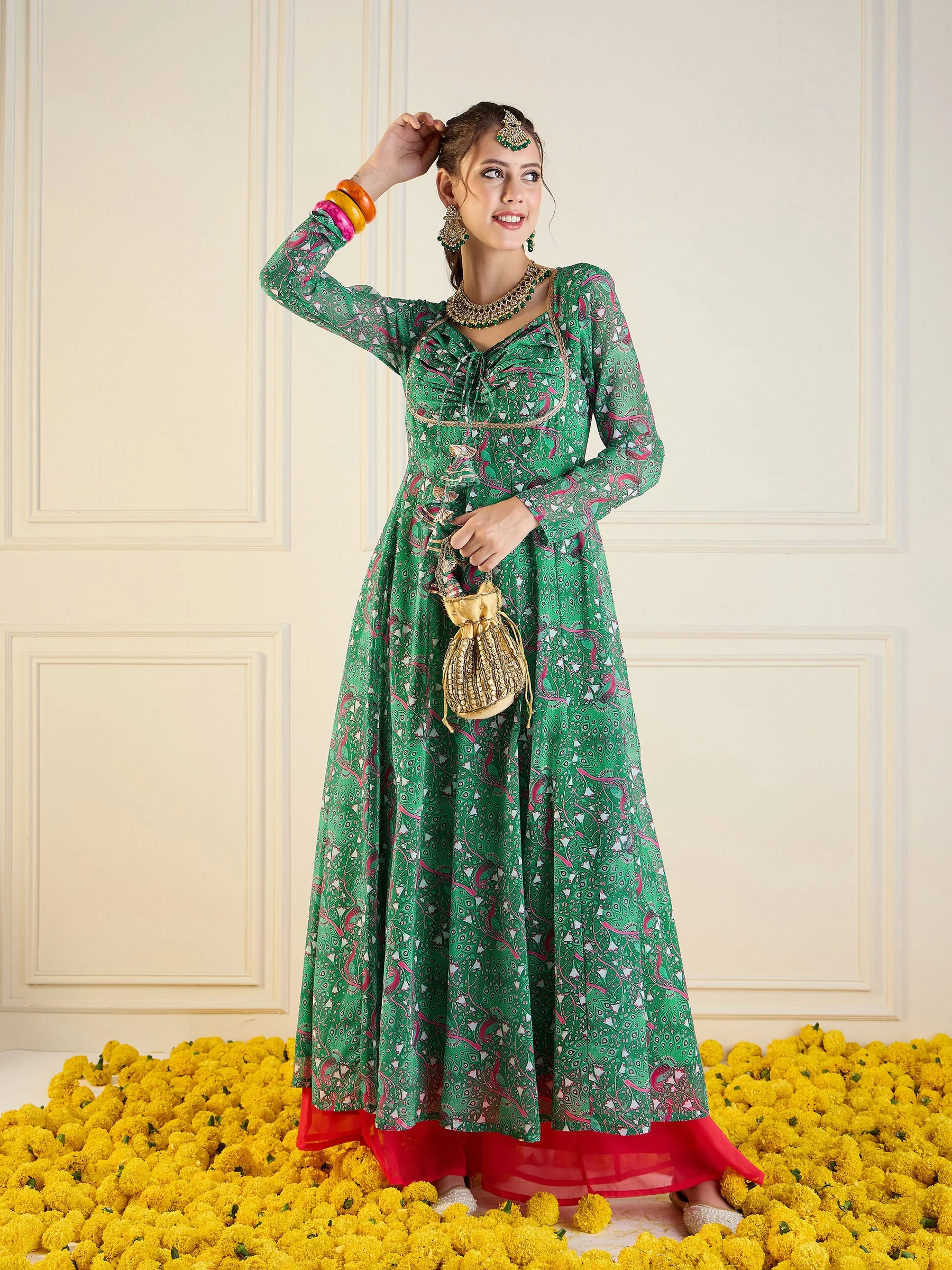Emerald Green Floral Anarkali Dress with Red Border - Traditional Indian Wedding Festive Wear