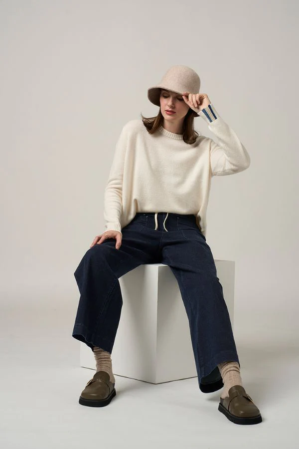 Minimalist Comfort Lounge Set: Oversized Cream Sweater and Wide-Leg Navy Denim - Minimalist lounge set