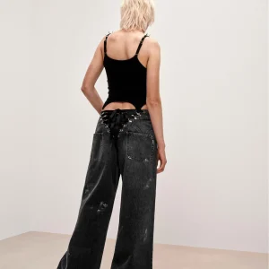 Distressed Black Wide-Leg Denim Jeans with Corset Waist Detail