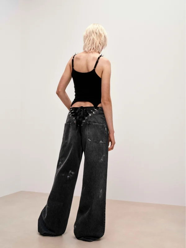 Distressed Black Wide-Leg Denim Jeans with Corset Waist Detail